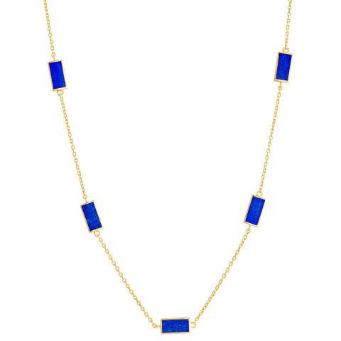 Five Stations Rectangle Dash Necklace In Sterling 18K Gold Overlay
