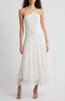 Athena Crimped Lace One-Shoulder Midi Dress