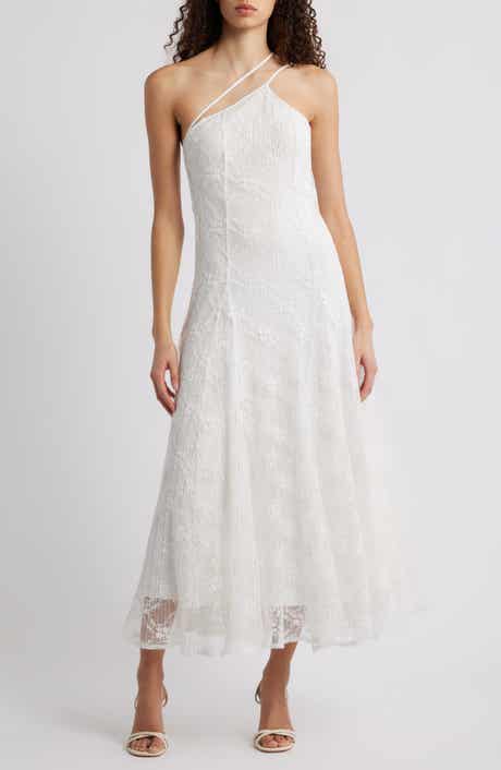 Athena Crimped Lace One-Shoulder Midi Dress