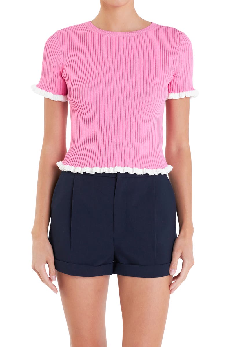 English Factory Ruffle Trim Short Sleeve Rib Sweater, Alternate, color, Pink/ White