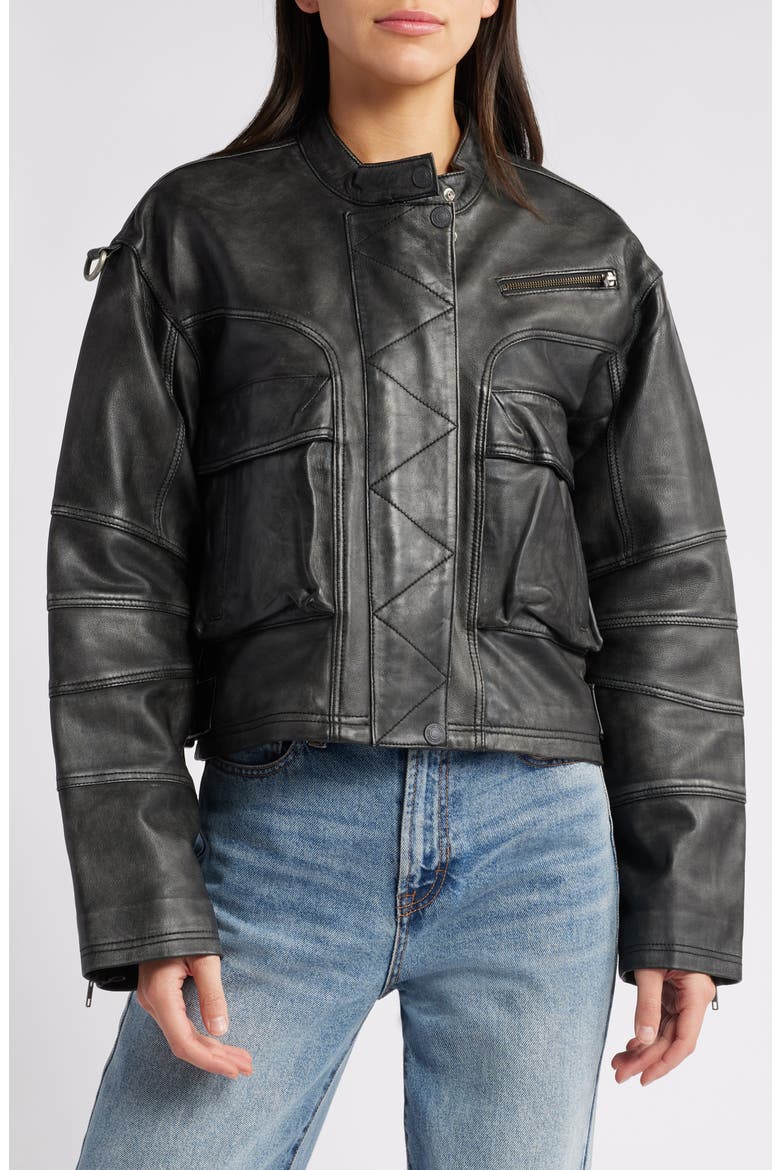 Adrienne Leather Bomber Jacket, Alternate, color, BLACK