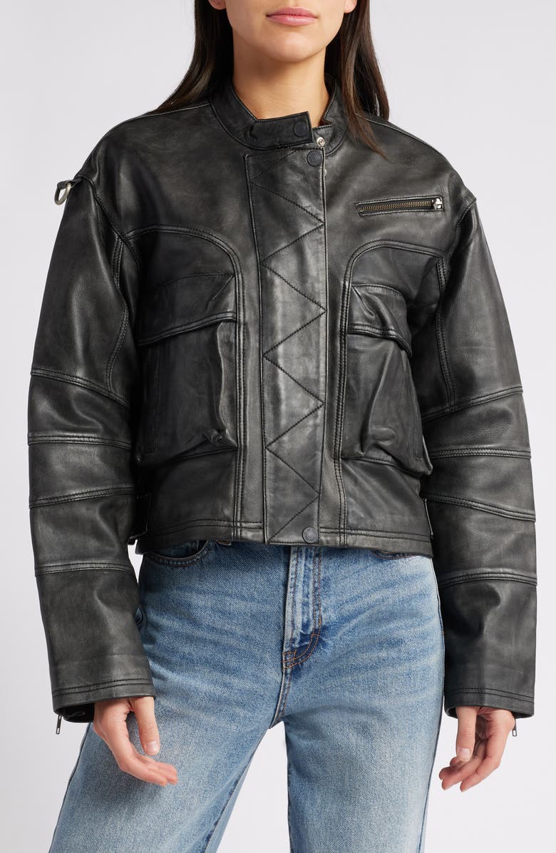 Free People Adrienne Leather Bomber Jacket, Alternate, color, Black