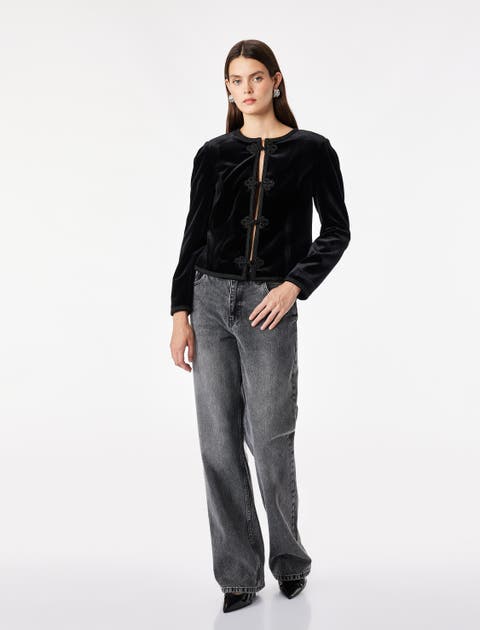 Slim Fit Crew Neck Velvet Ornate Jacket With Frog Closure