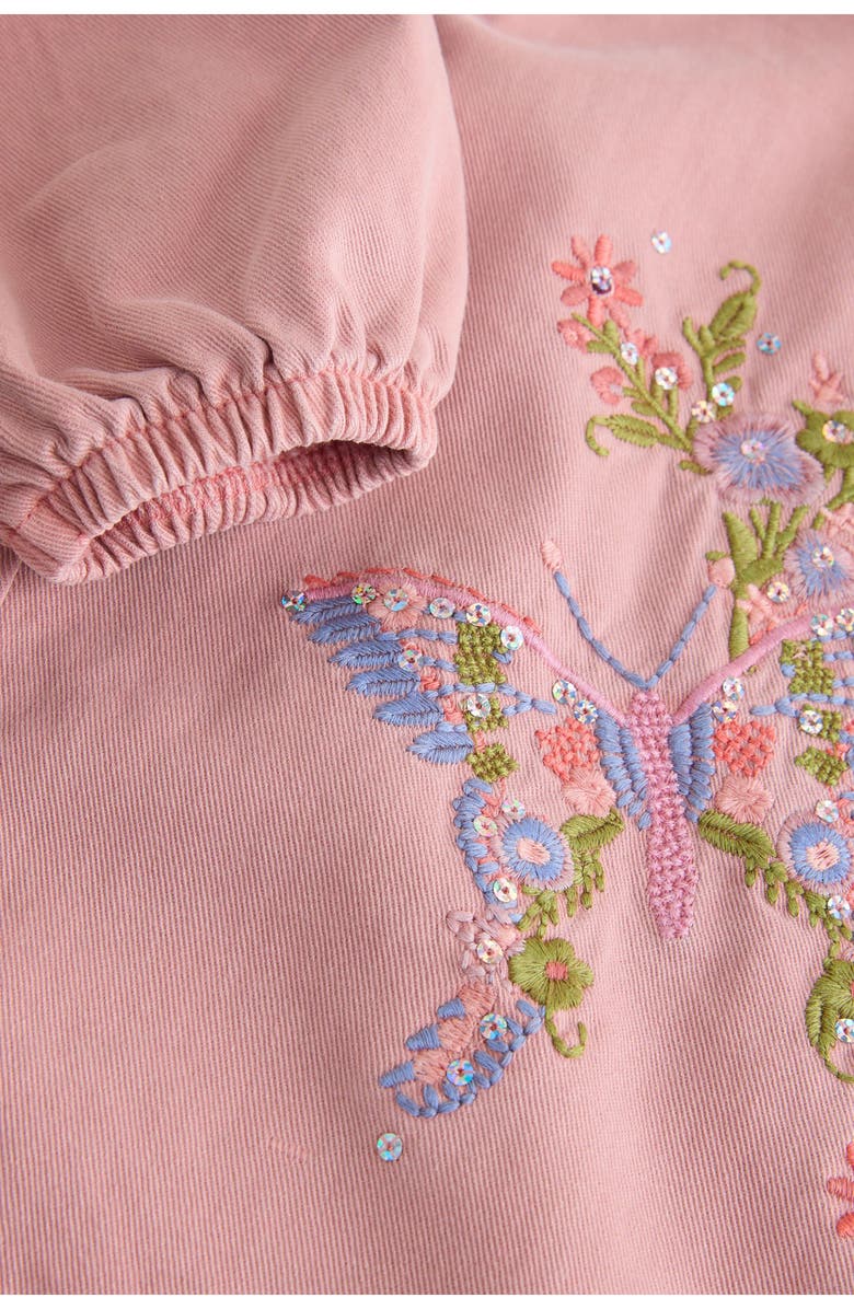 NEXT Kids' Butterfly Embroidered Long Sleeve Denim Shirtdress, Alternate, color, Pink
