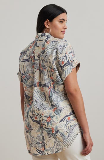 Beach Print Relaxed Fit Short Sleeve Linen Button-Up Shirt