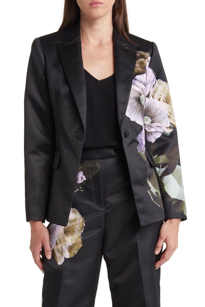 Nayaa Floral Print One-Button Blazer, Main, color, BLACK
