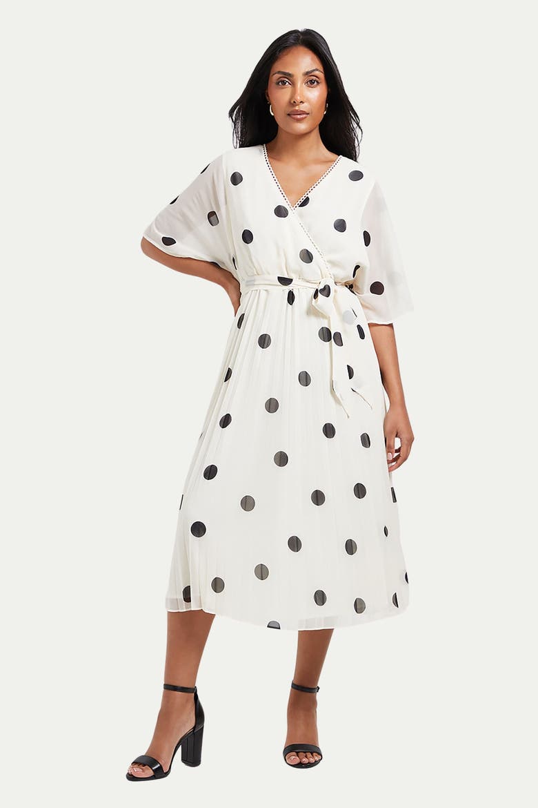 Petite Spot Pleated Midi Dress, Main, color, Ivory