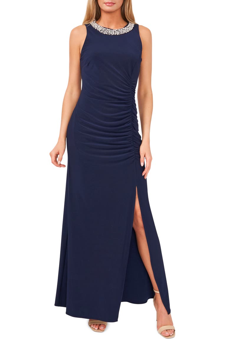 Chaus Imitation Pearl Sleeveless Gown, Main, color, Navy