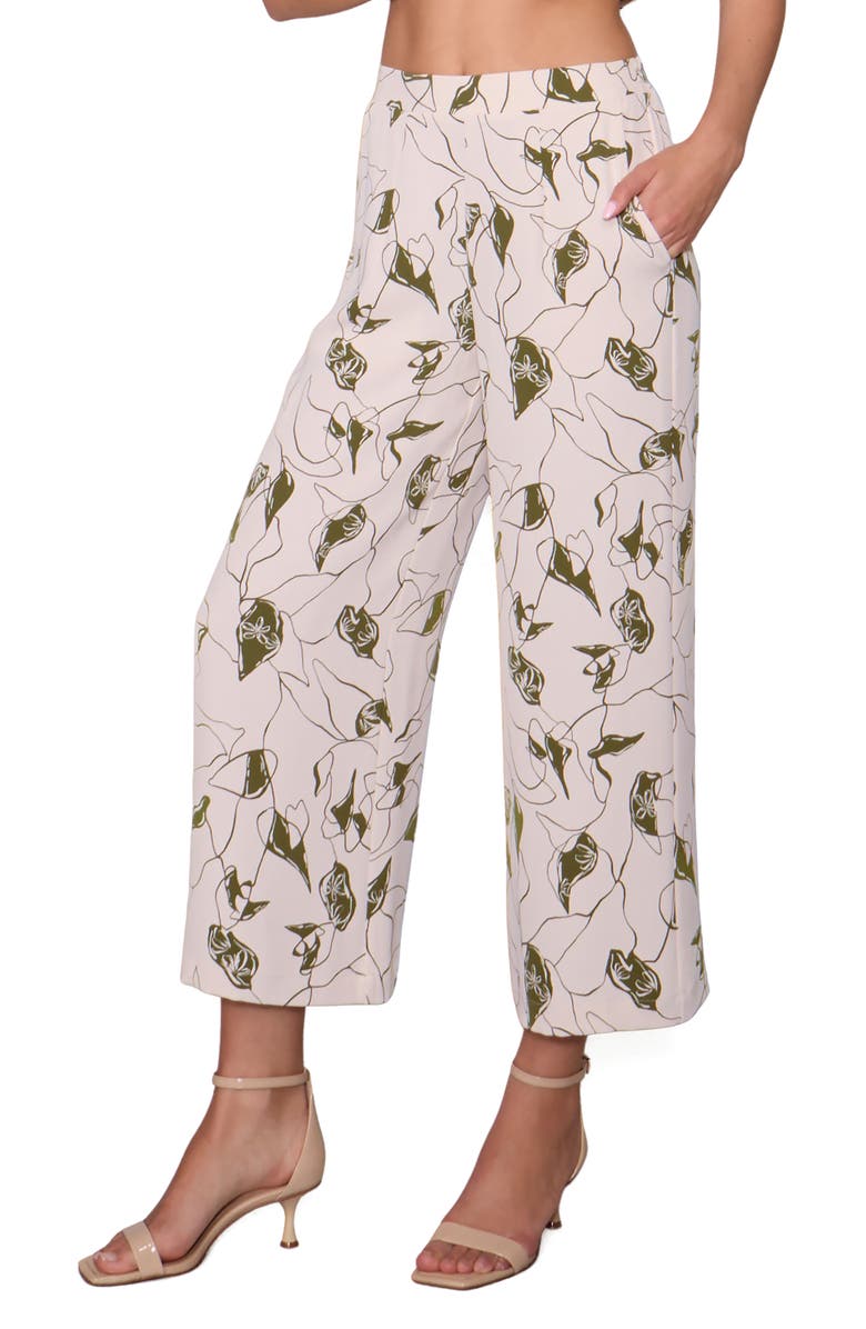 MELLODAY Crepe Wide Leg Pants, Alternate, color, Bone Olive Abstract