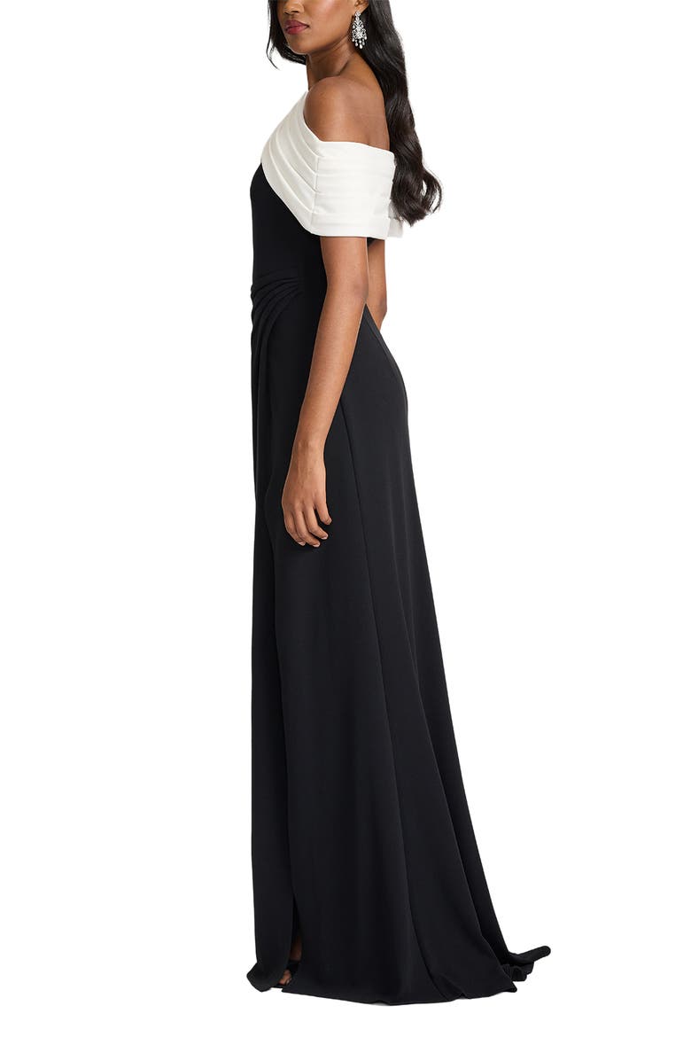 Off the Shoulder Colorblock Crepe Gown, Alternate, color, BLACK/ IVORY