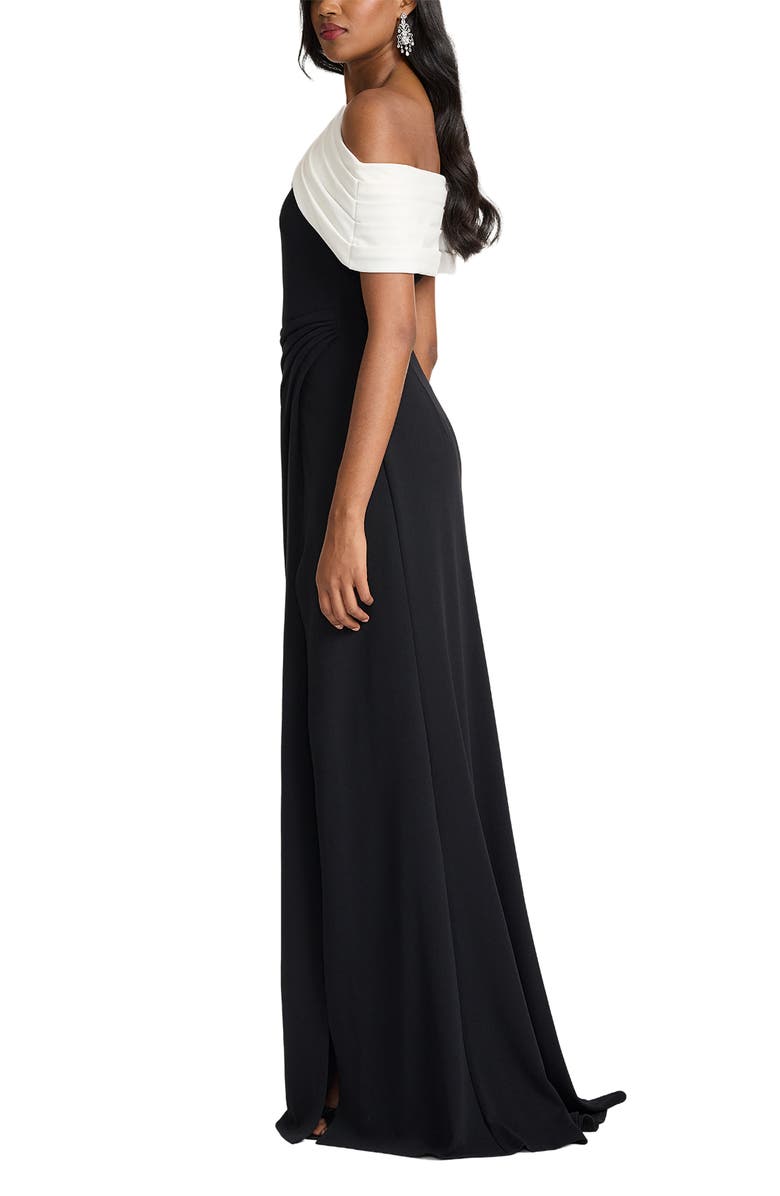 Tadashi Shoji Off the Shoulder Colorblock Crepe Gown, Alternate, color, Black/ Ivory