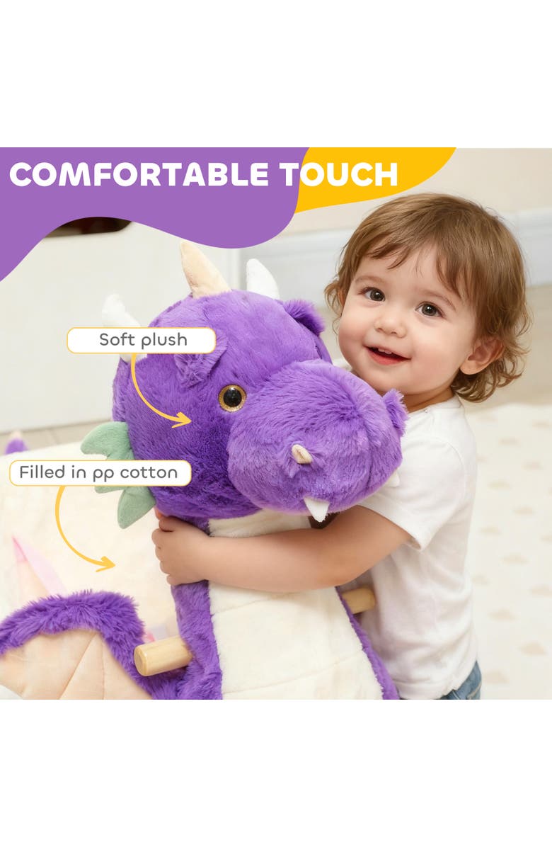 Qaba Baby Rocking Horse Ride Dragon Kids Ride On Toy with Realistic Sound and Safety Belt Plush Animal Rocker for Kids, Alternate, color, Purple