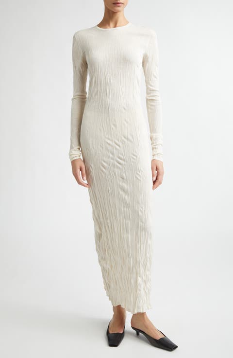 Crinkled Long Sleeve Column Sweater Dress