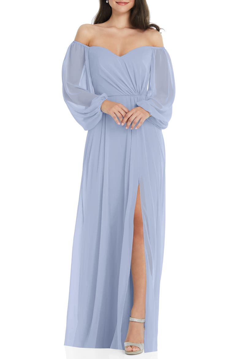 Convertible Neck Long Sleeve Chiffon Gown, Main, color, SKY BLUE