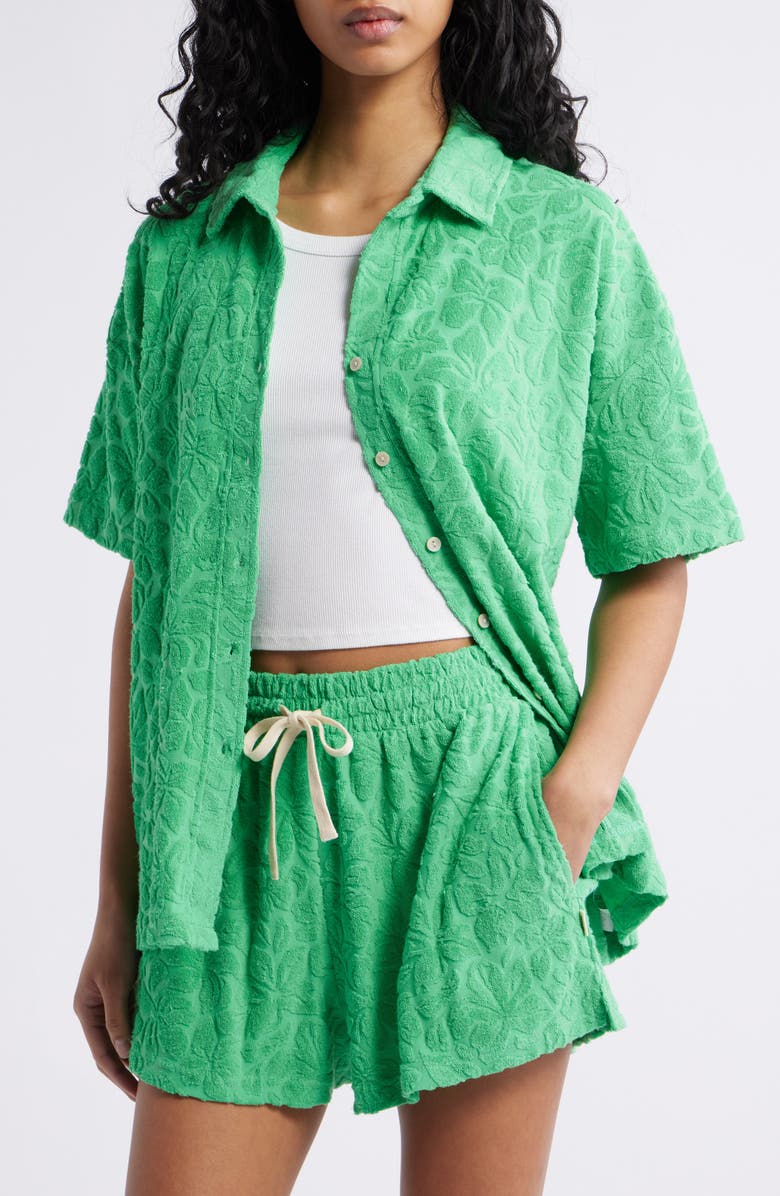 Rip Curl Las Dalias Short Sleeve Terry Button-Up Shirt, Main, color, Light Green