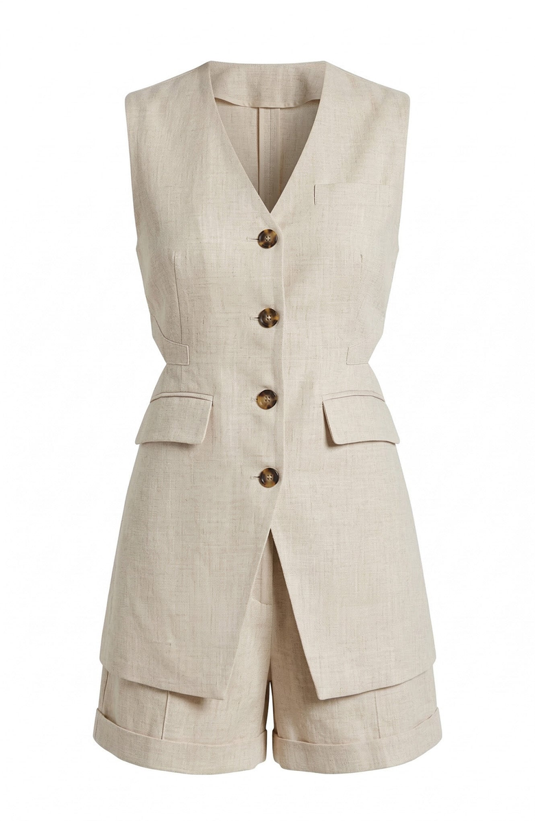 Modenaire Linen Three-Piece Blazer Vest & Tailored Shorts Set, Alternate, color, Light Beige