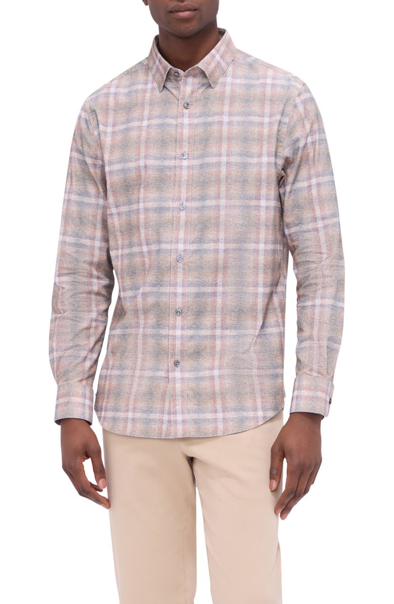 Bugatchi Karl Shaped Fit Windowpane Check Stretch Button-Up Shirt, Main, color, Dusty Rose
