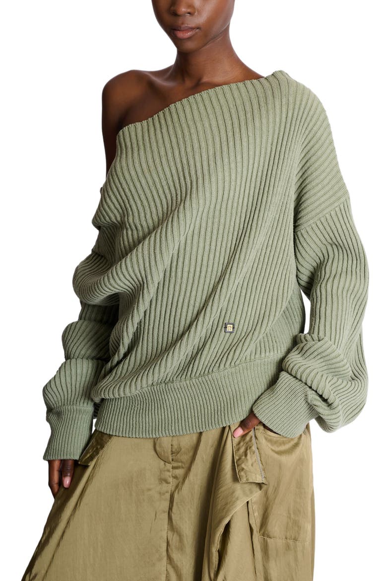 Draped asymmetrical jumper in ribbed silk knit, Alternate, color, green