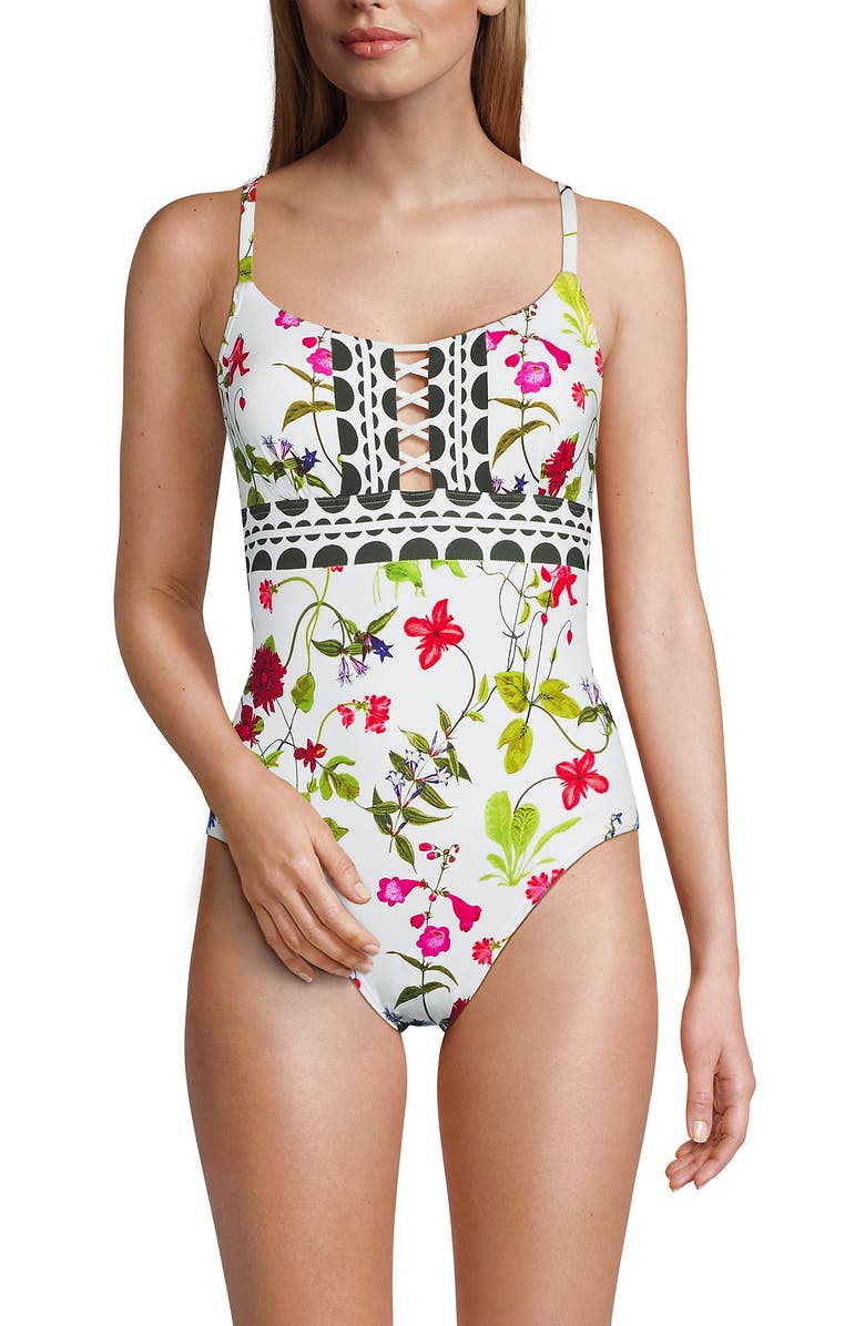 Lands' End Chlorine Resistant Lace Up One Piece Swimsuit, Alternate, color, 