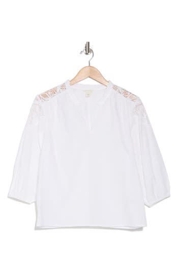 Caslon ® Eyelet Lace Balloon Sleeve Cotton Poplin Top In White