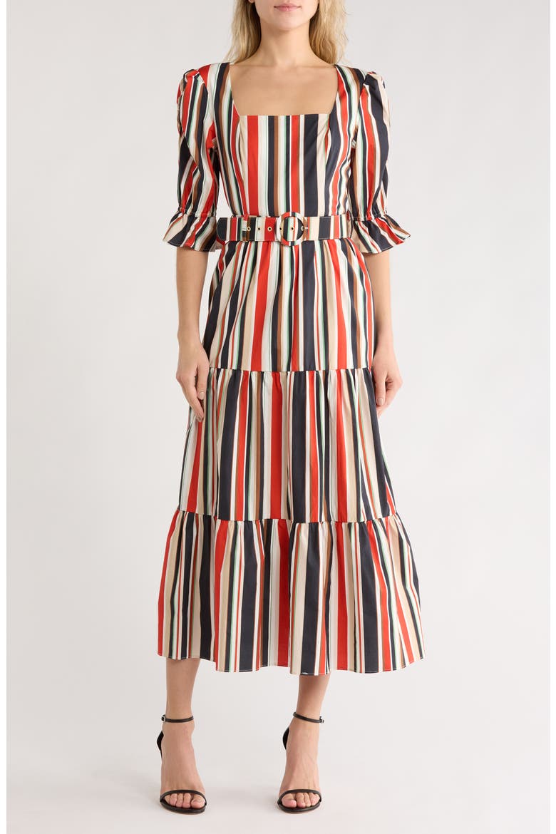Arlo Stripe Short Sleeve Cotton Blend Tiered Dress, Main, color, MULTI RIVIERA STRIPE