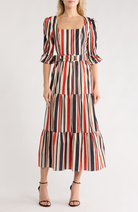 Arlo Stripe Short Sleeve Cotton Blend Tiered Dress