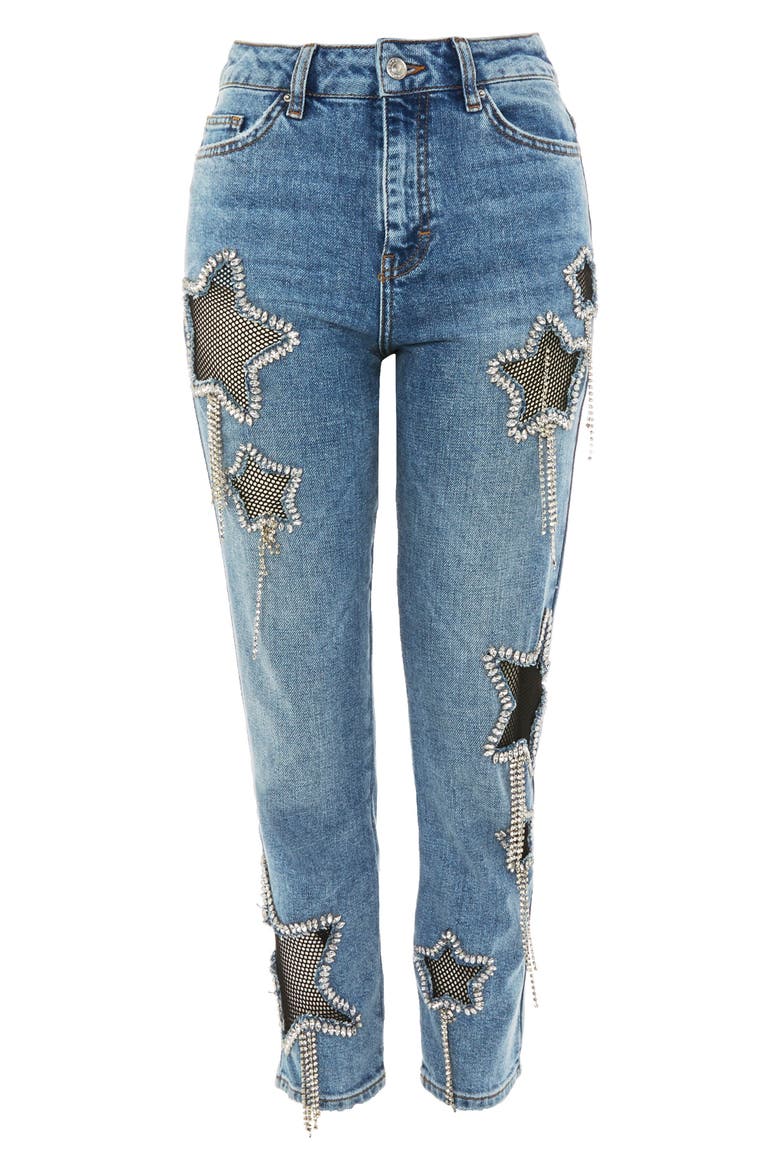 Bleach Diamante Star Jeans, Alternate, color, LIGHT DENIM