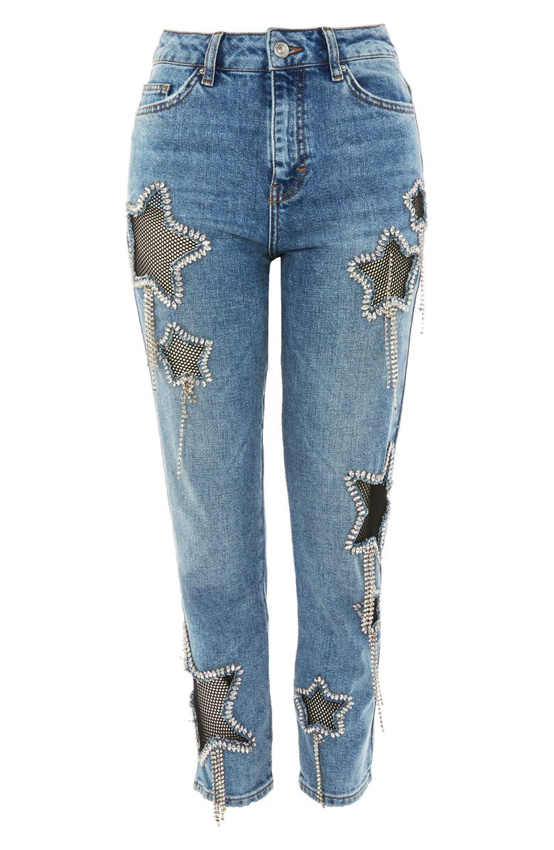 Topshop Bleach Diamante Star Jeans, Alternate, color,