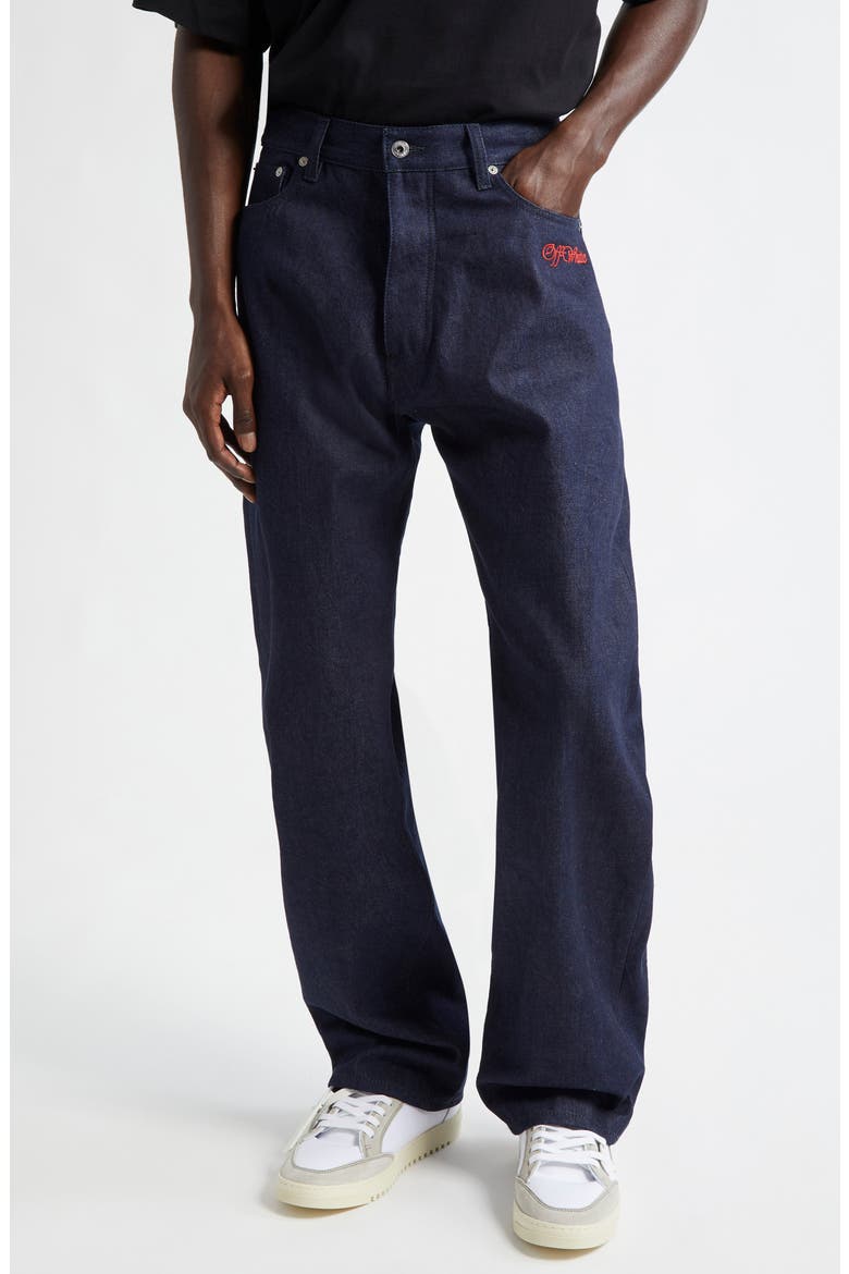 Script Embroidered Logo Skate Straight Leg Jeans, Main, color, NAVY BLUE - RED