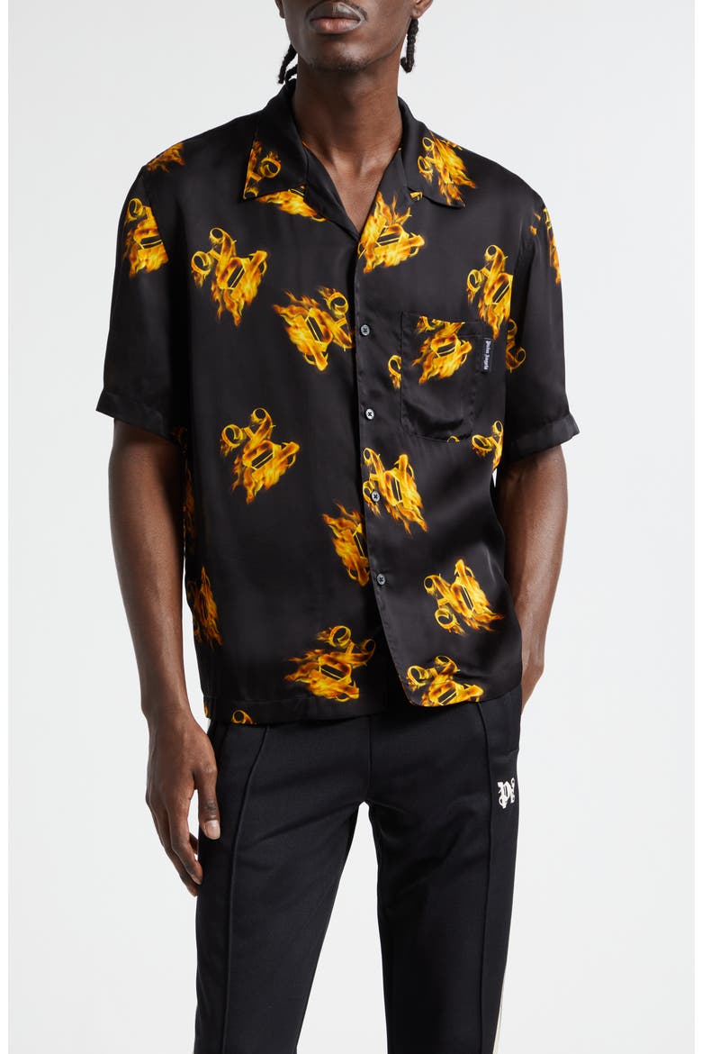 Burning Monogram Camp Shirt, Main, color, BLACK GOLD