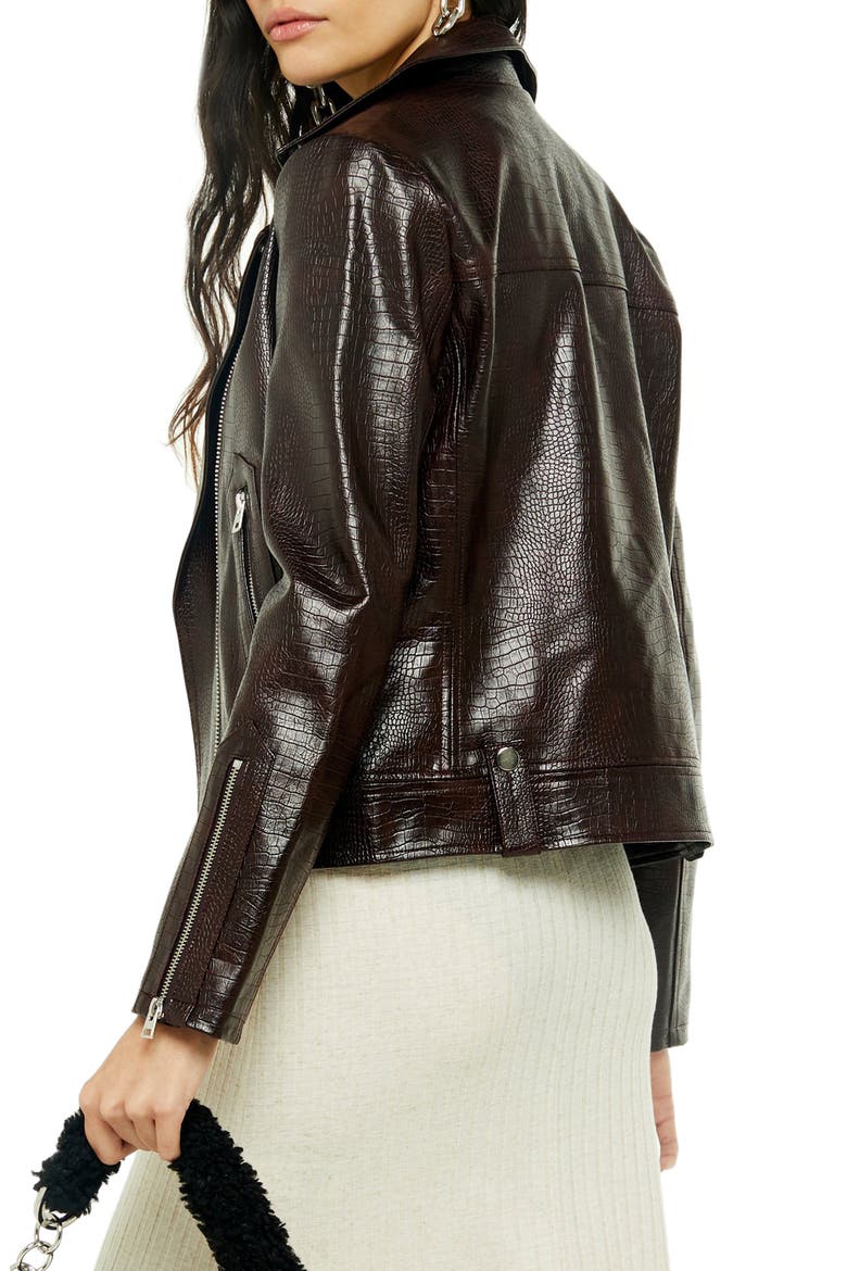 Croc Embossed Faux Leather Jacket, Alternate, color, BURGUNDY