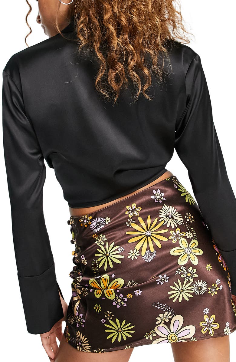 Topshop Satin Tie Front Crop Shirt, Alternate, color, Black