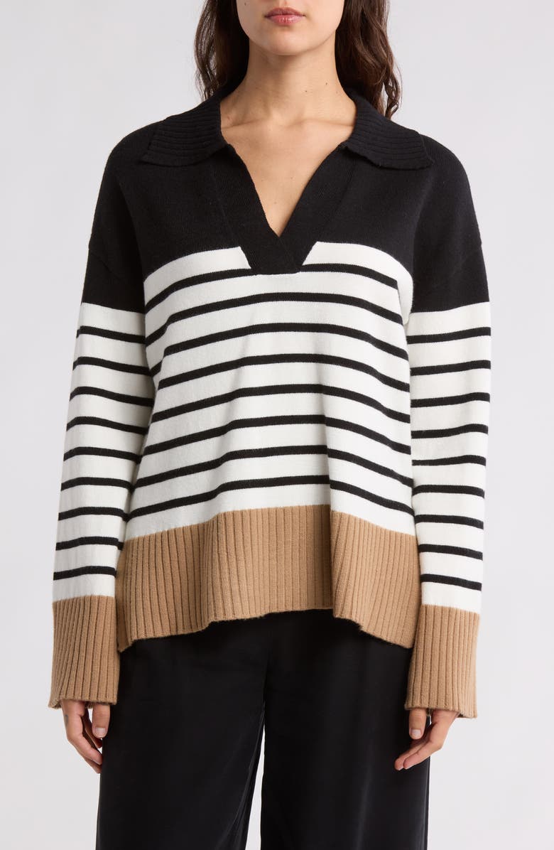 Ellen Tracy Colorblock Stripe Sweater, Main, color, Black/ Marshmallow Stripe