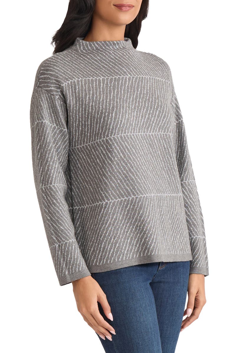 Jones New York Jacquard Funnel Neck Sweater, Alternate, color, Smoke Heather/ Silver
