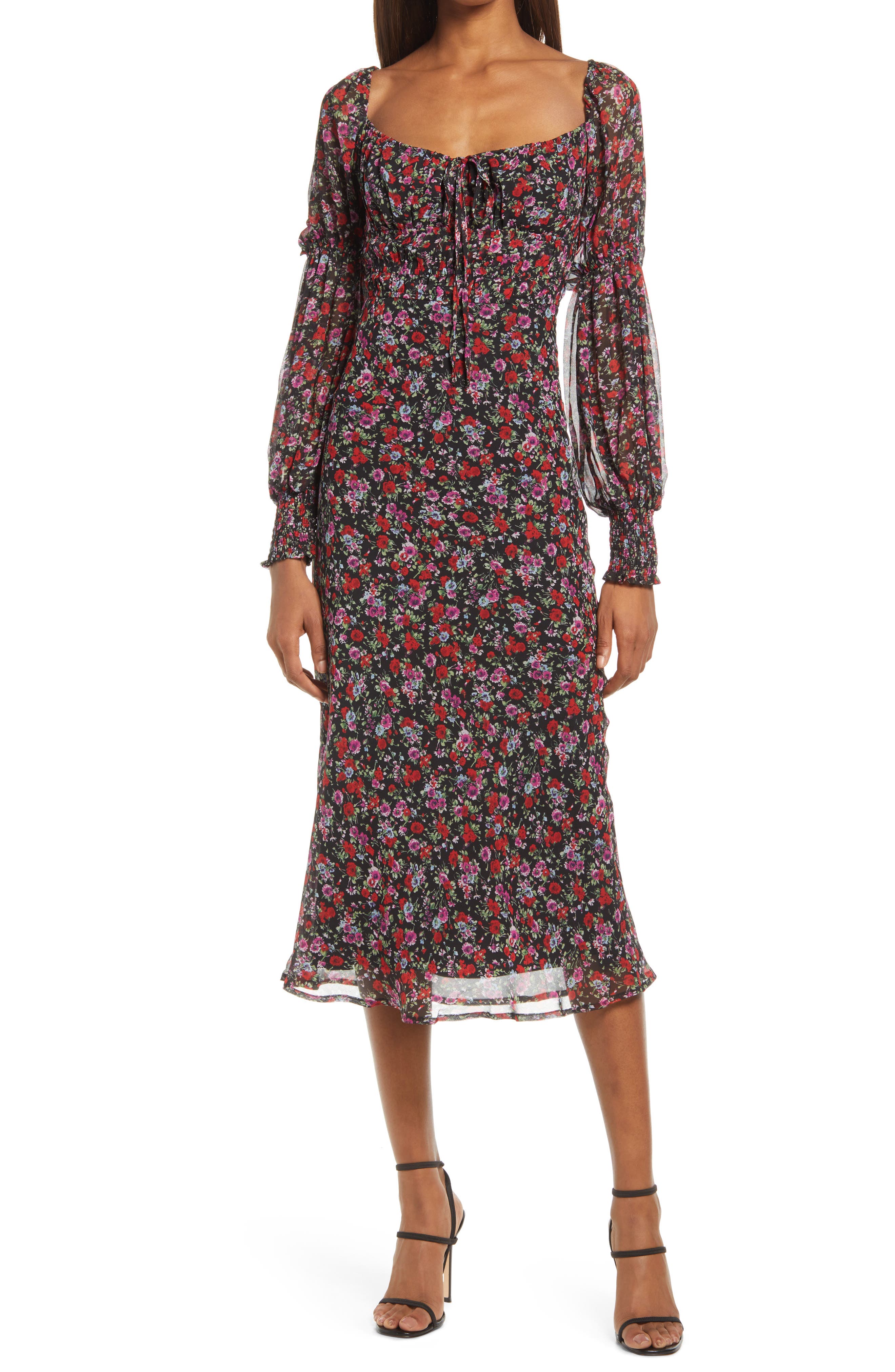 FLORET STUDIOS Floral Smocked Long Sleeve Chiffon Dress (Women) | Nordstrom