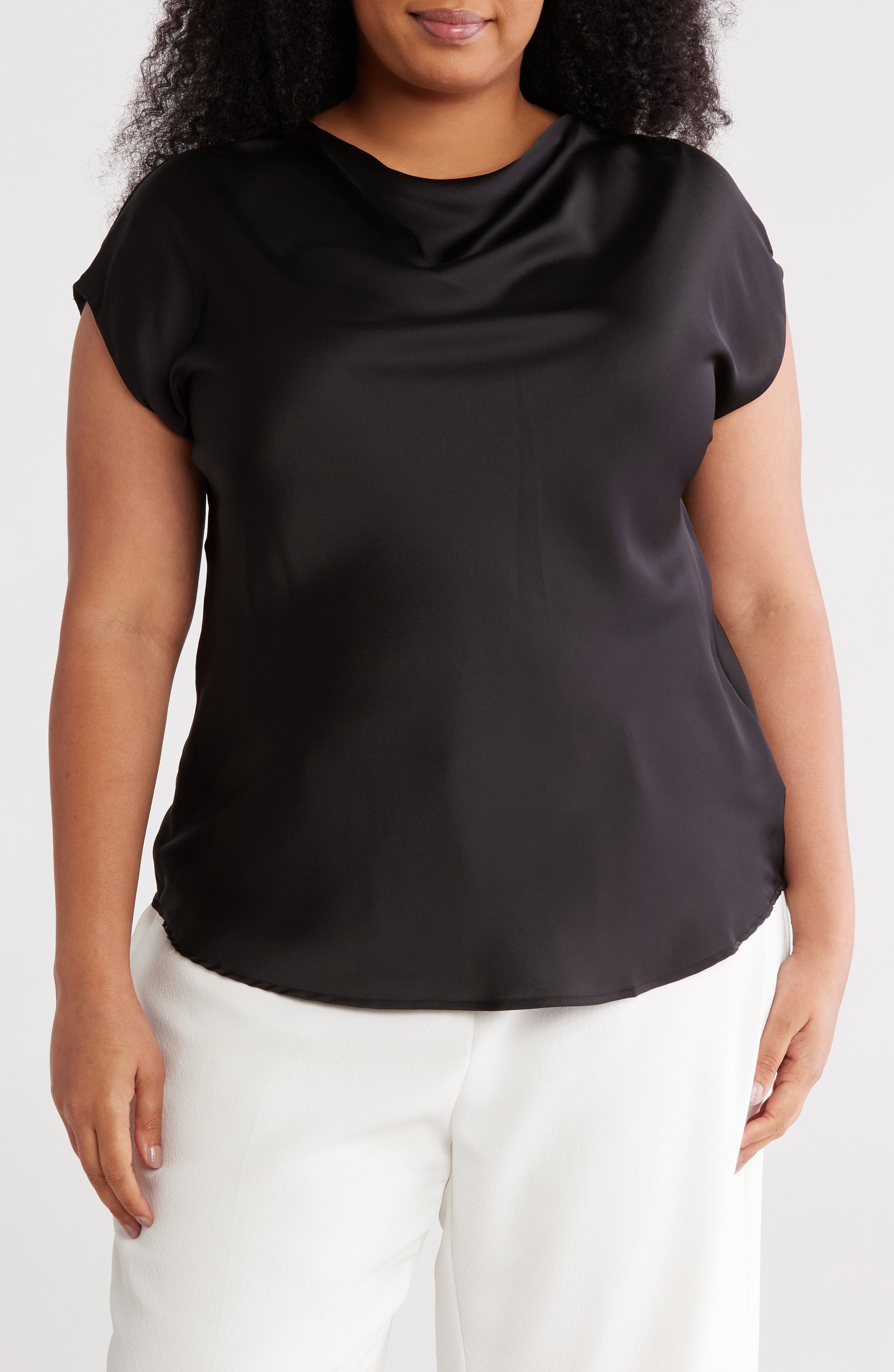Renee C Cowl Neck Short Sleeve Satin Top