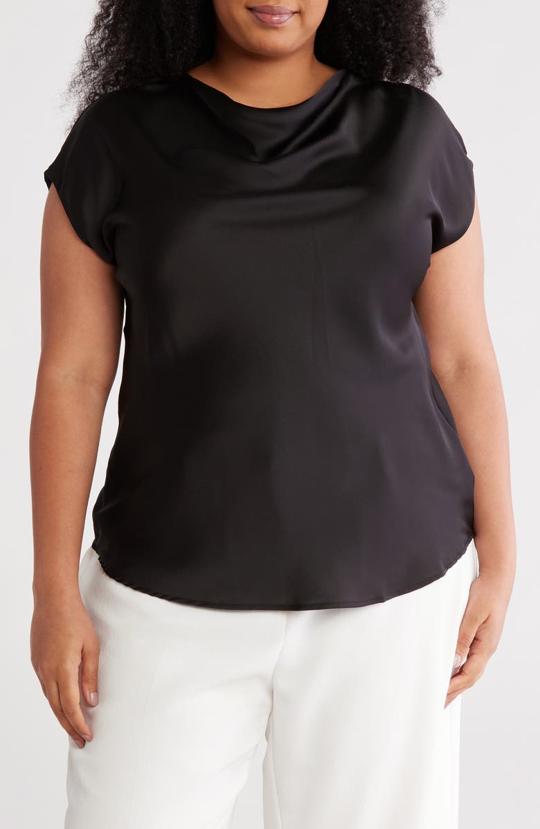 Renee C Cowl Neck Short Sleeve Satin Top, Main, color, Black