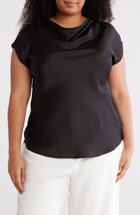 Cowl Neck Short Sleeve Satin Top (Plus)