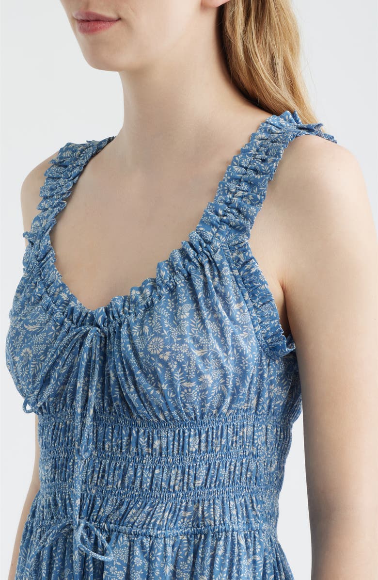 DÔEN Ditsy Floral Organic Cotton Smocked Midi Dress, Alternate, color, Blue Garden Bloom