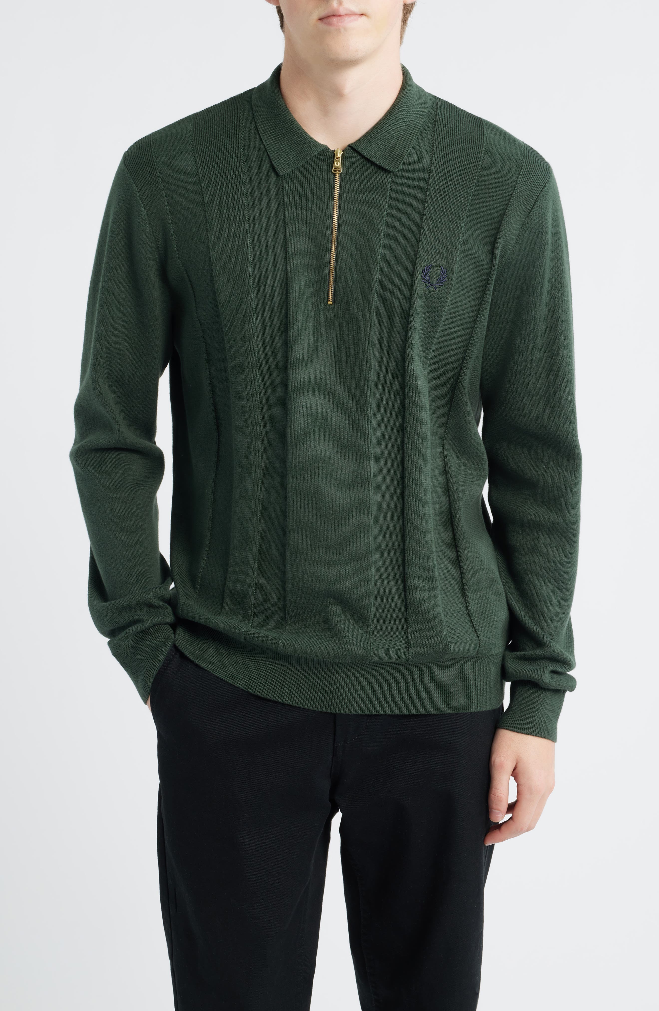 Fred Perry Long Sleeve Textured Stripe Cotton Zip Polo Sweater