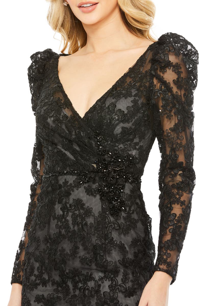 Mac Duggal Embroidered Lace Puff Sleeve Wrap Over Gown, Alternate, color, Black