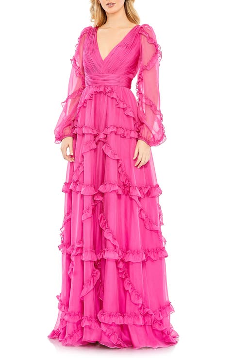 Cascaded Ruffle Puff Sleeve A Line Gown