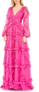 Mac Duggal Cascaded Ruffle Puff Sleeve A Line Gown