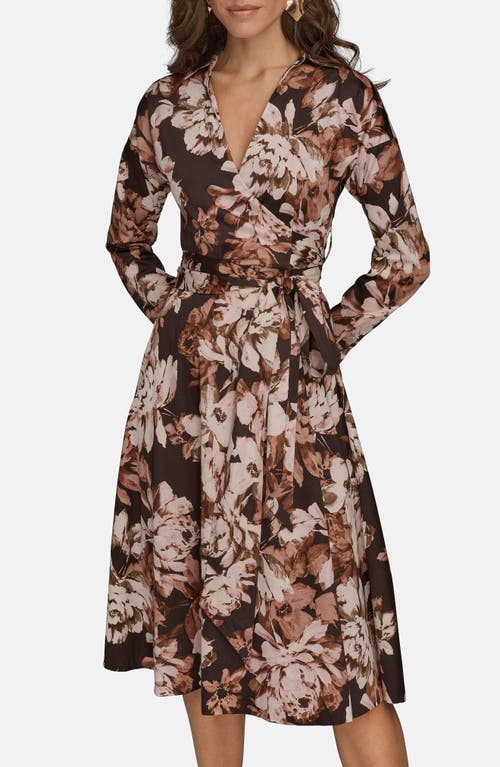 Donna Karan Floral Long Sleeve Faux Wrap Midi Dress In Multi
