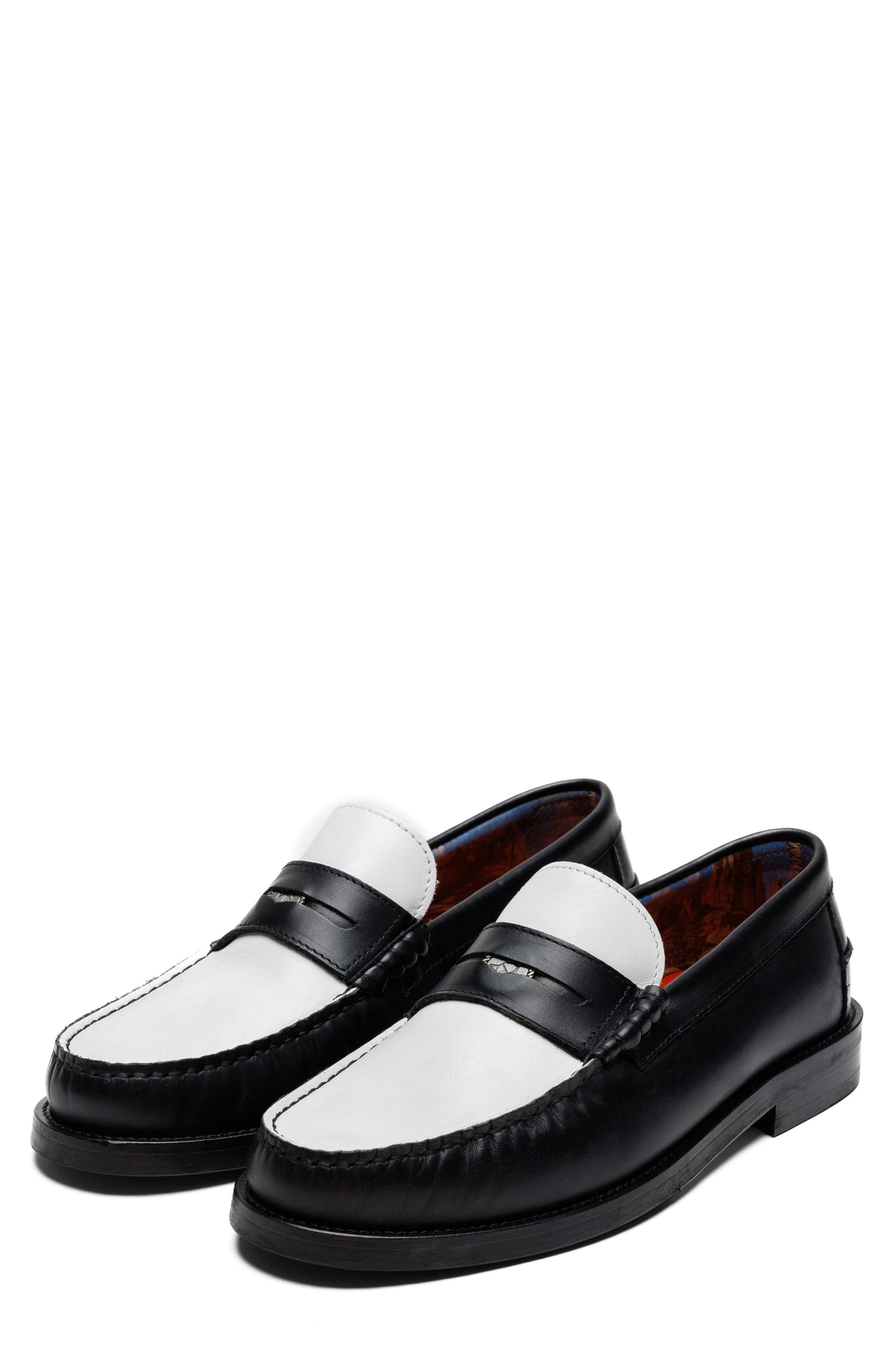 Riviera Penny Loafer, Main, color, BLACK/ WHITE-SNUFF LEATHER