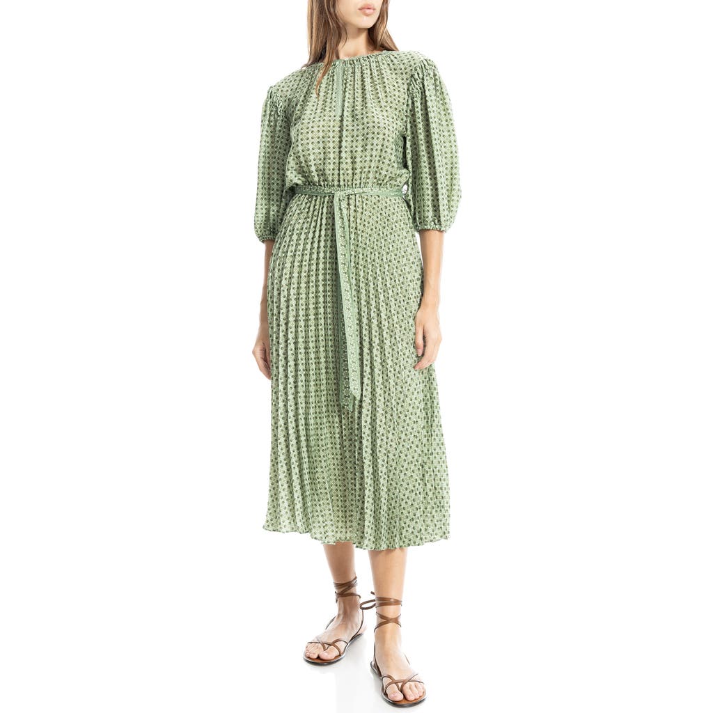 Max Studio Satin Puff Sleeve Midi Dress In Sge/olv Clvr Petals