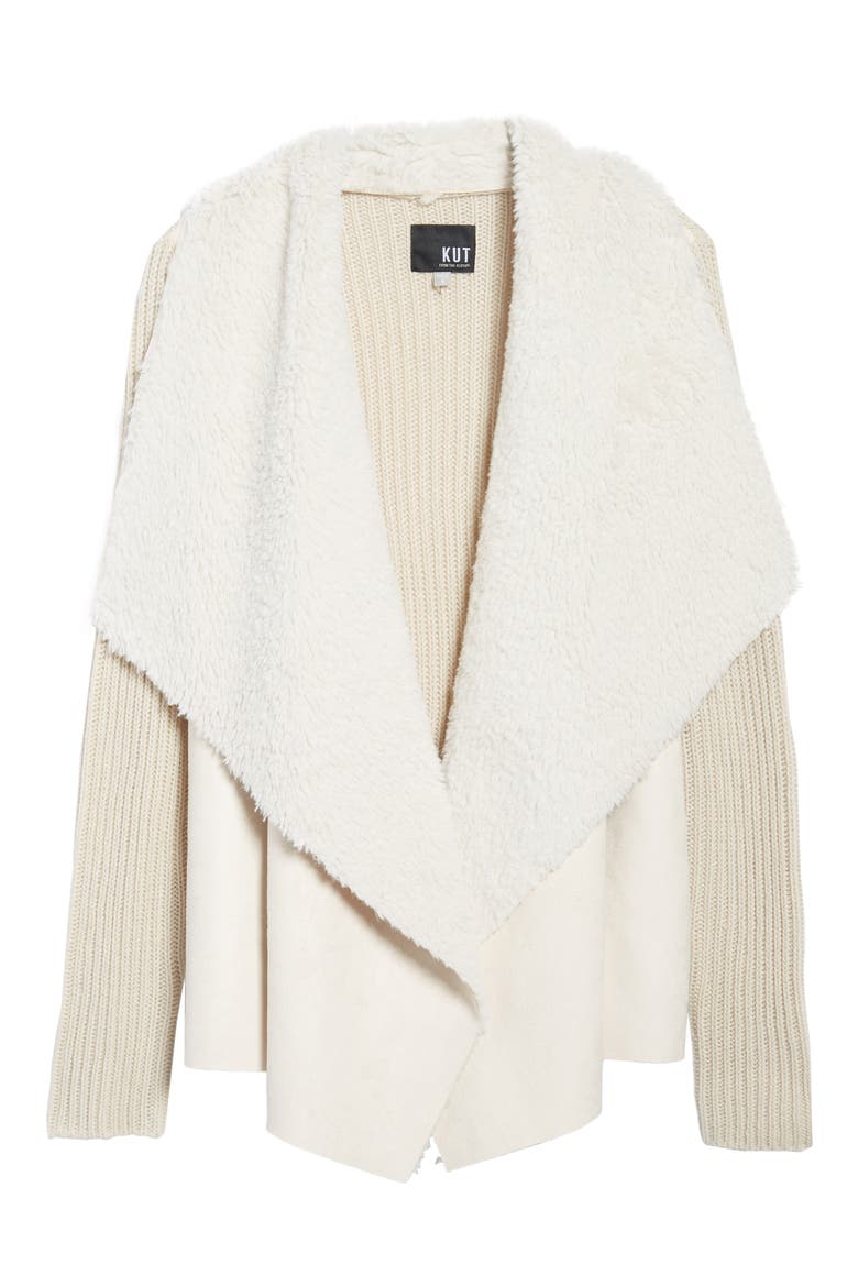 Opal Drape Front Cardigan with Faux Fur Trim, Alternate, color, EGGSHELL