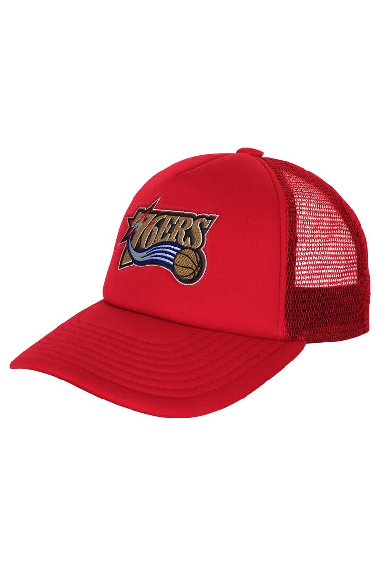 Youth Mitchell & Ness Red Philadelphia 76ers Core Evergreen Trucker Adjustable Hat, Main, color, Red