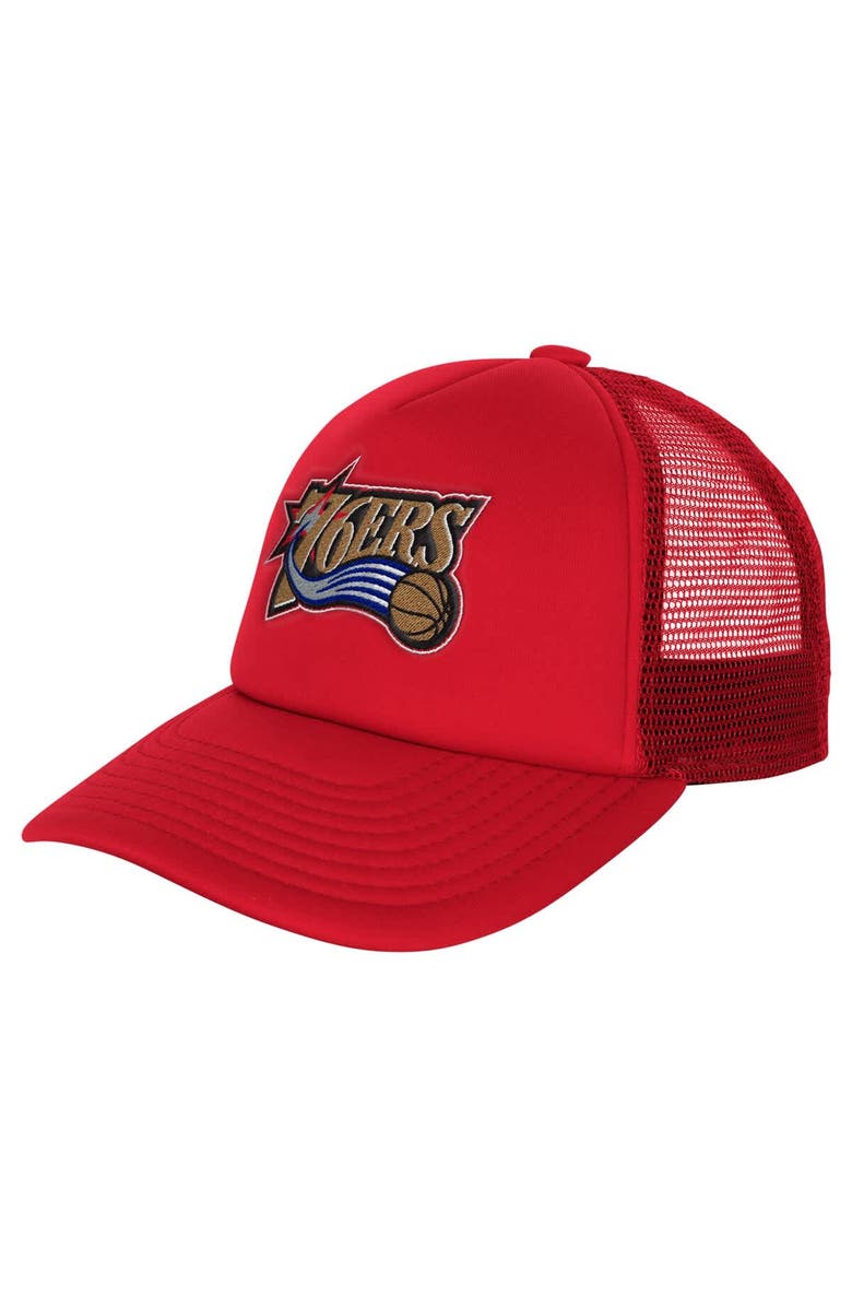 Mitchell & Ness Youth Mitchell & Ness Red Philadelphia 76ers Core Evergreen Trucker Adjustable Hat, Main, color, Red