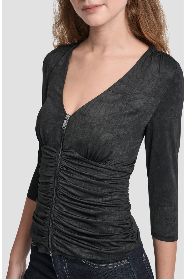 Ruched Knit Zip-Up Top, Alternate, color, BLACK